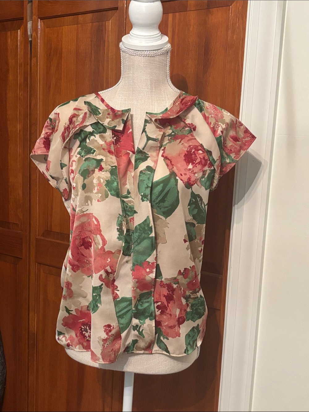 Talbots Floral Print Short Sleeve Blouse - Beige with Pink & Green